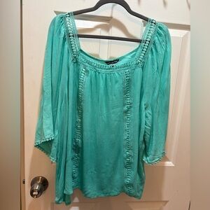Women's Teal Blouse with Crochet Details